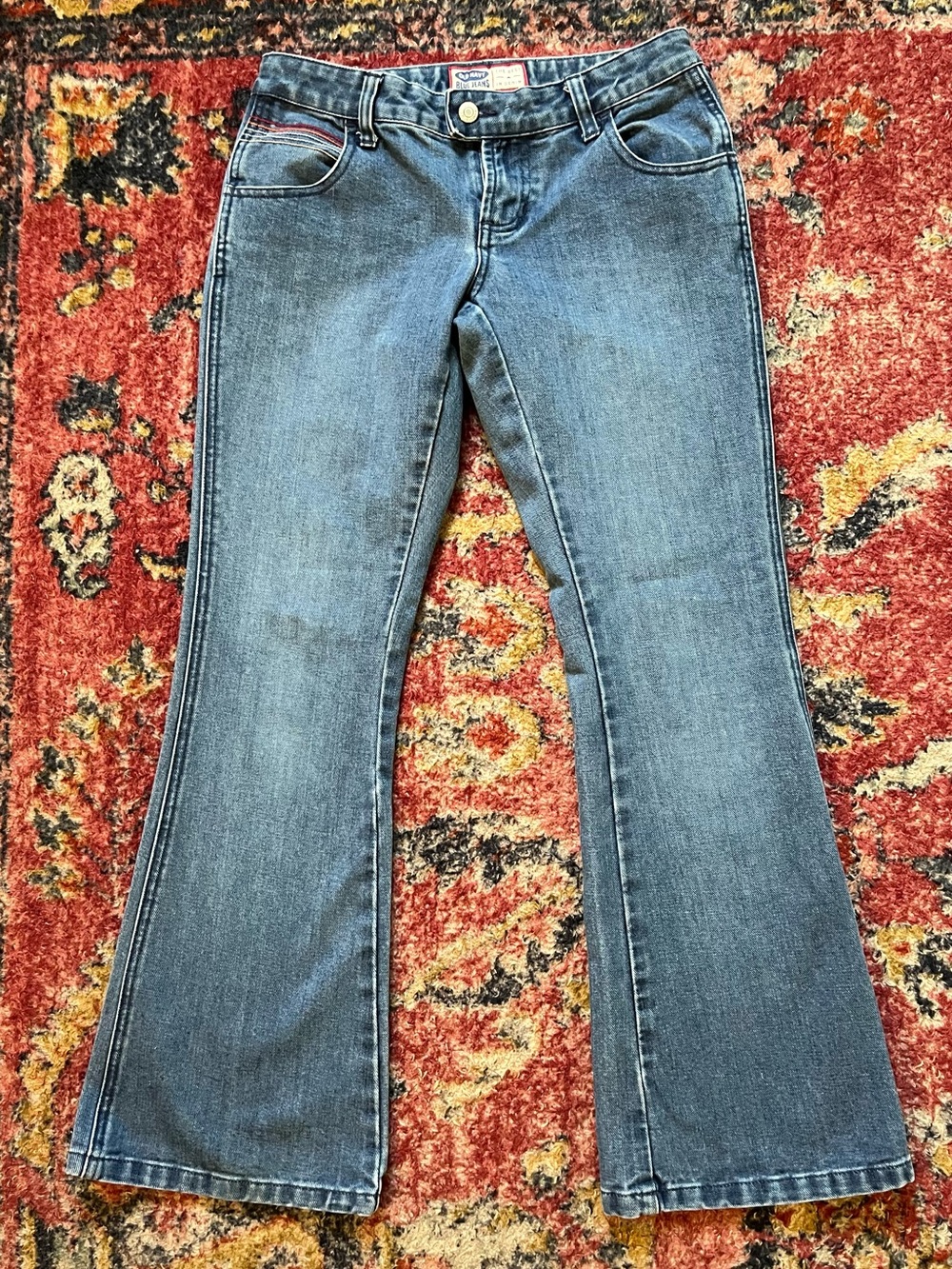 Old Navy Blue Flare Jeans with colorful pocket stitching women’s size 2